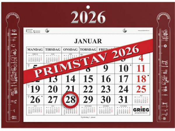 Magnetkalender Grieg 2026 Primstav Rød
