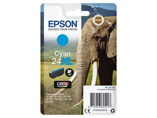 BildeEPSON Ink C13T24324012 24XL Cyan Elephant