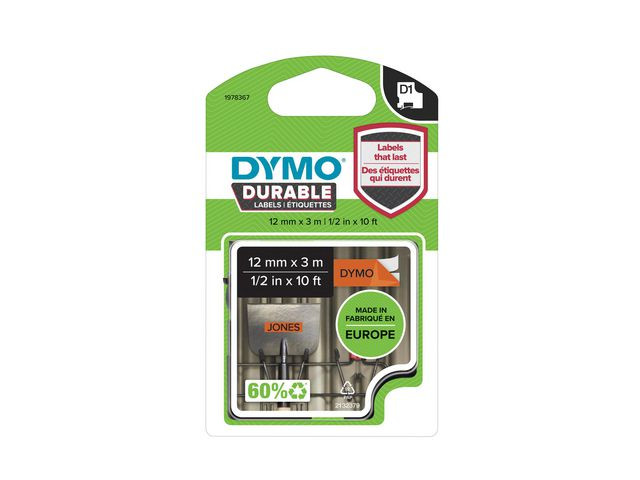 Tape Dymo D1 12Mm X 3M Sort/Orange