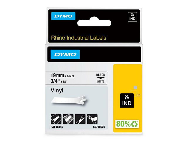 BildeTape Dymo Rhino Vinyl Sort/Hvit 19Mm