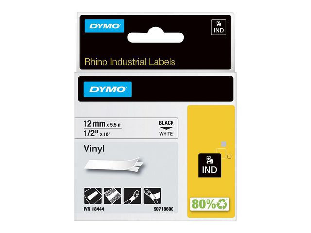 BildeTape Dymo Rhino Vinyl Sort/Hvit 12Mm