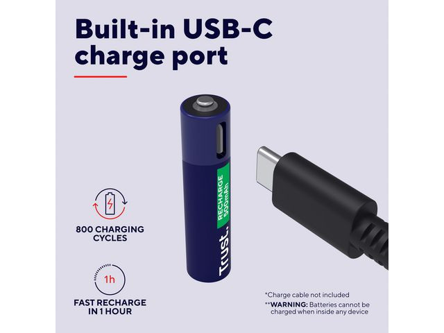 Batteri Trust Usb-C Oppladbare Aaa (2 stk)
