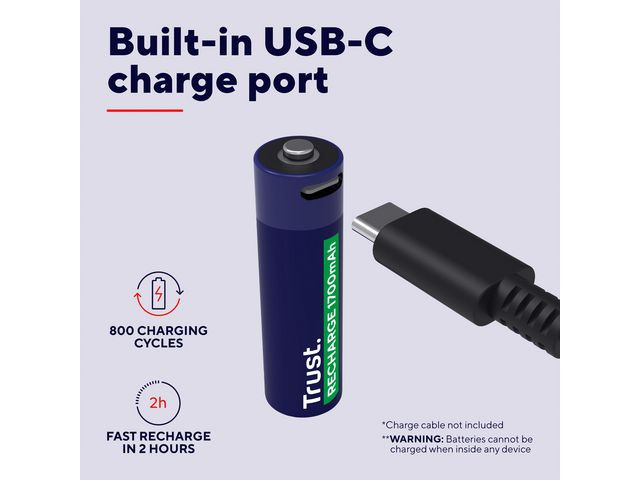 Batteri Trust Usb-C Oppladbare Aa (2 stk)