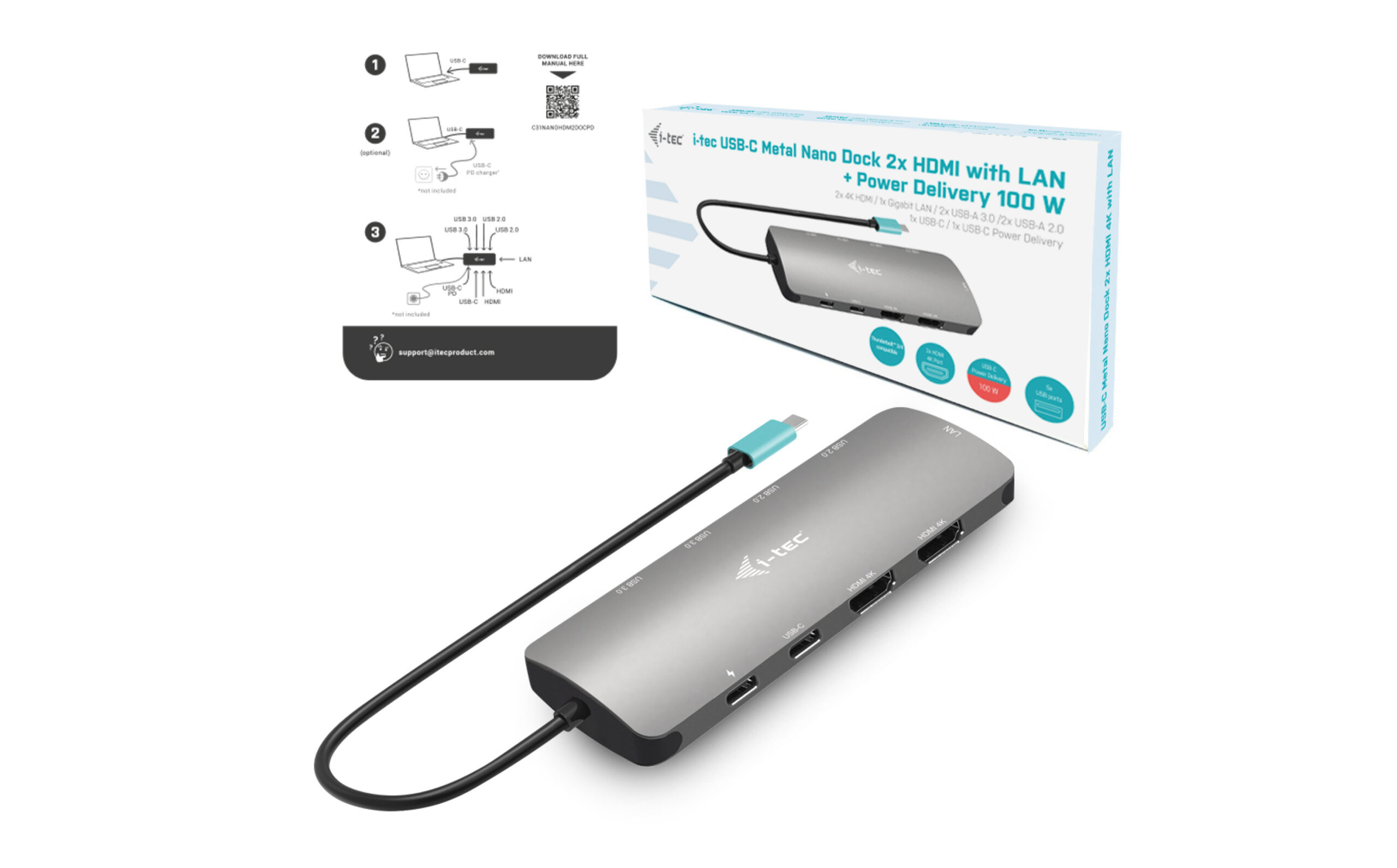 BildeUSB-C trav dock 2xHDMI 4xUSB-A 1xUSB-C 1xUSB-C PD 100W GLAN