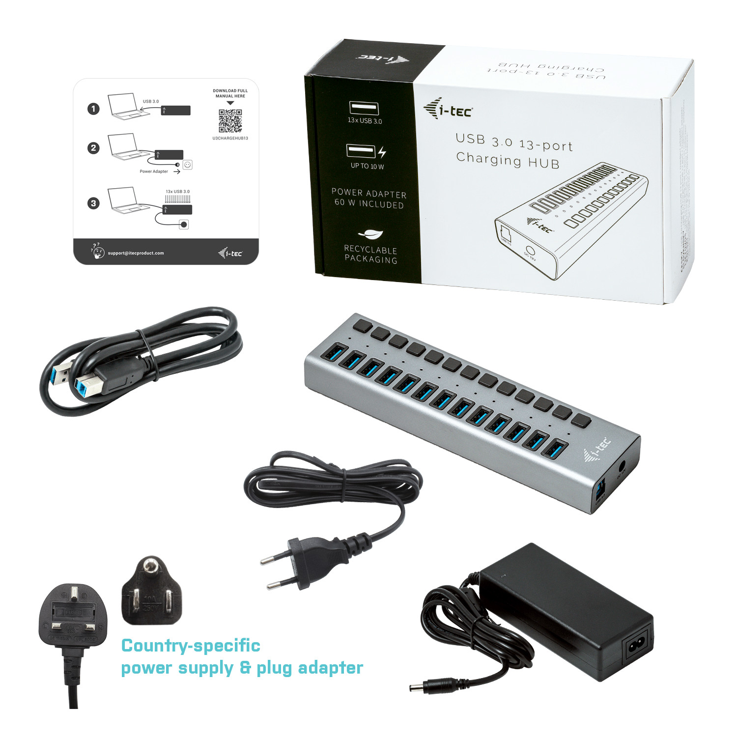 USB-A hub 13xUSB-A 3.0 active w/ 60W power supply
