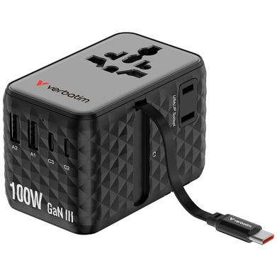 BildeVERBATIM 100W Univ. Travel Adapter Retractable Cable Black