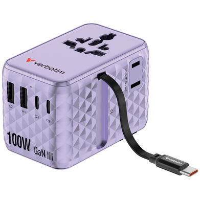 BildeVERBATIM 100W Univ. Travel Adapter Retractable Cable Purple