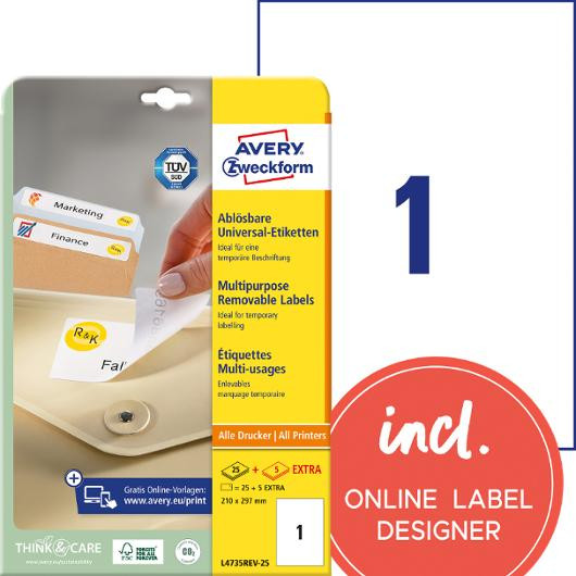 BildeEtikett Avery Avtagbar 210X297Mm (30 stk)