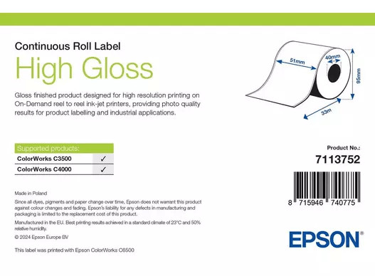 BildeHigh Gloss Label, Continuous Roll, 51mm x 33m