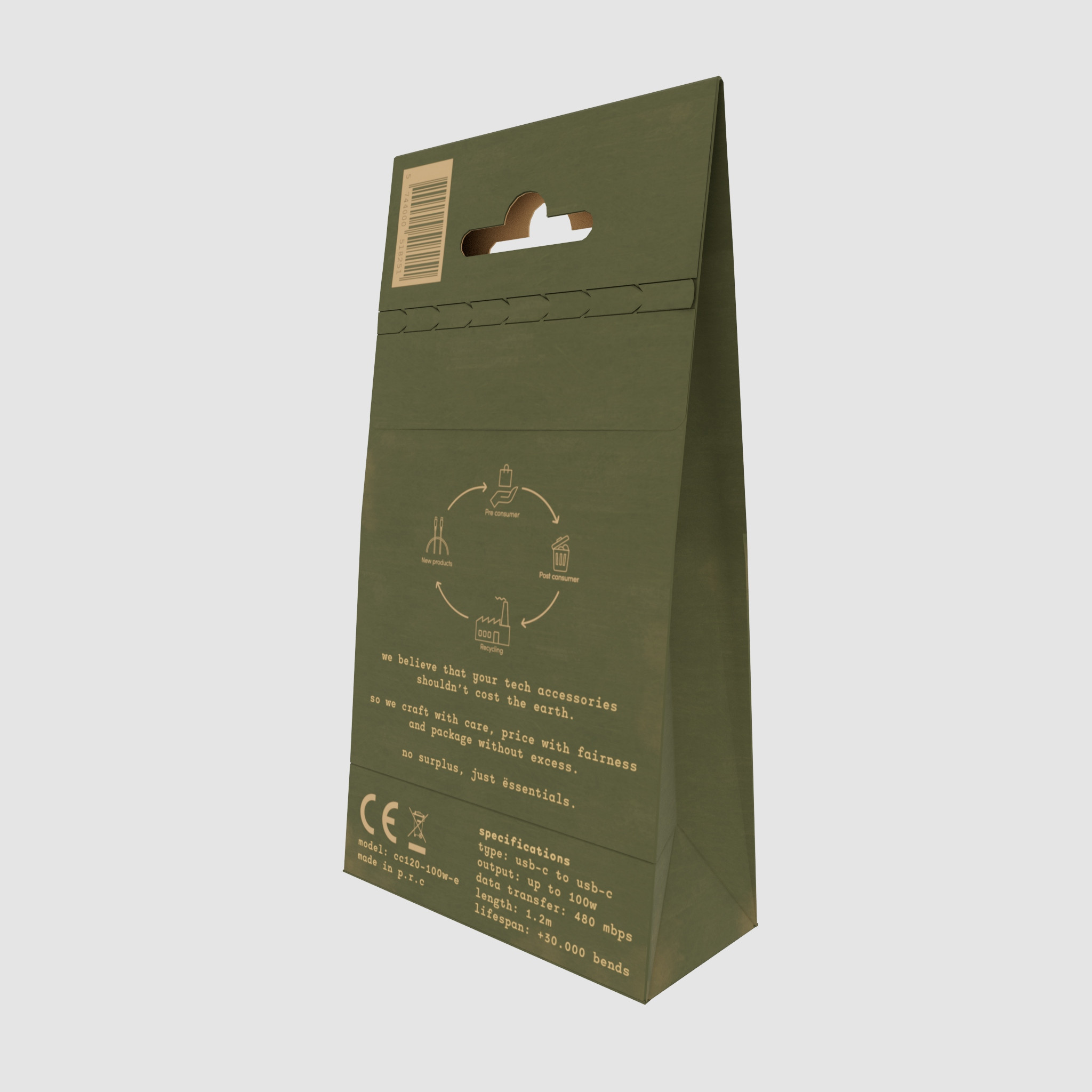 ËSSENTIALS 100W USB-C to USB-C Cable, 1.2m, 480 Mbps (bulk)