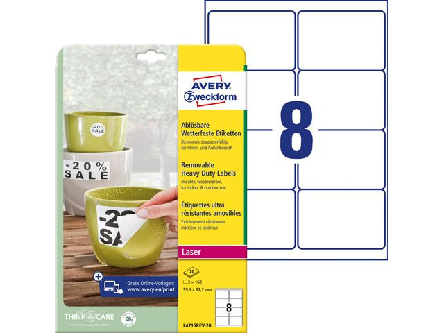 BildeAVERY Avtakbar vrbestandig etiket 99,1x67,7mm (160)