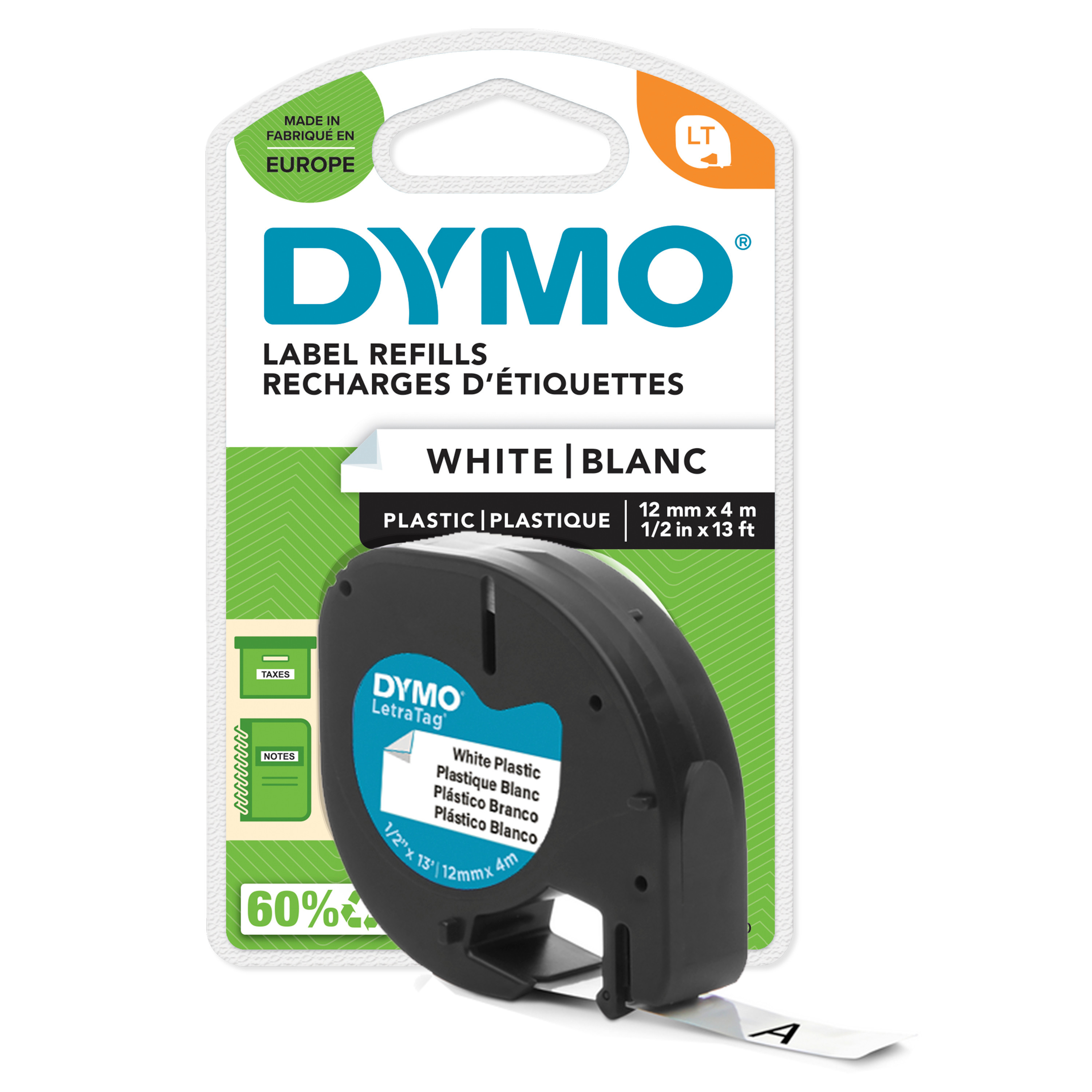 Dymo Teip LetraTag Plastikk 12mmx4m hvit