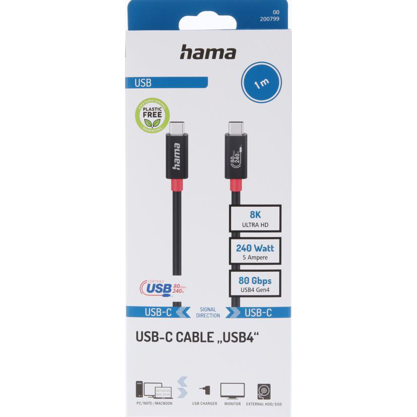 HAMA Cable USB-C USB 4.0 Gen4 80 Gbit/s 240W 1.0m Black
