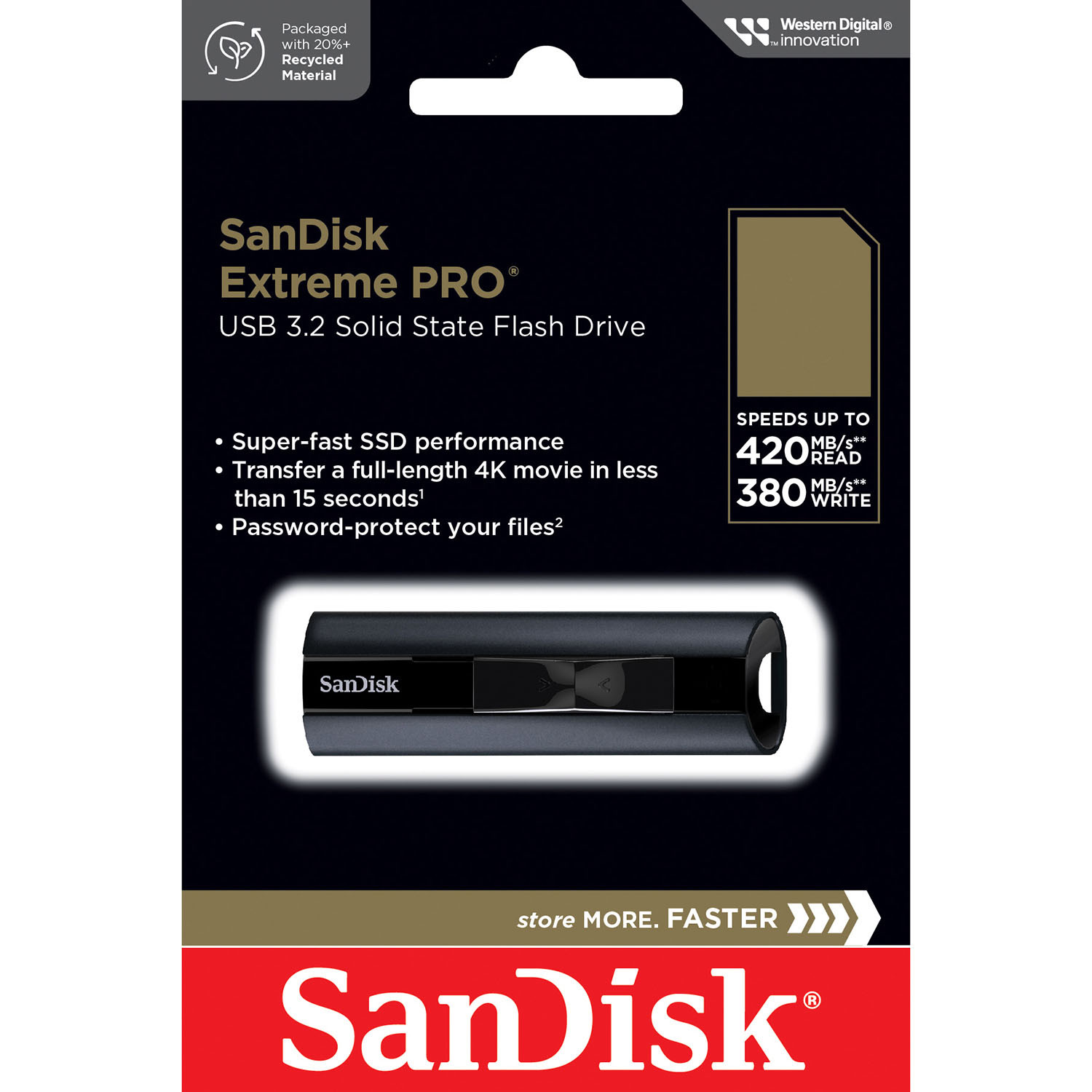 SANDISK USB-minne Extreme 3.2 PRO 128GB SSD-hastighet 420MB/s Skrive 380MB/s Lese