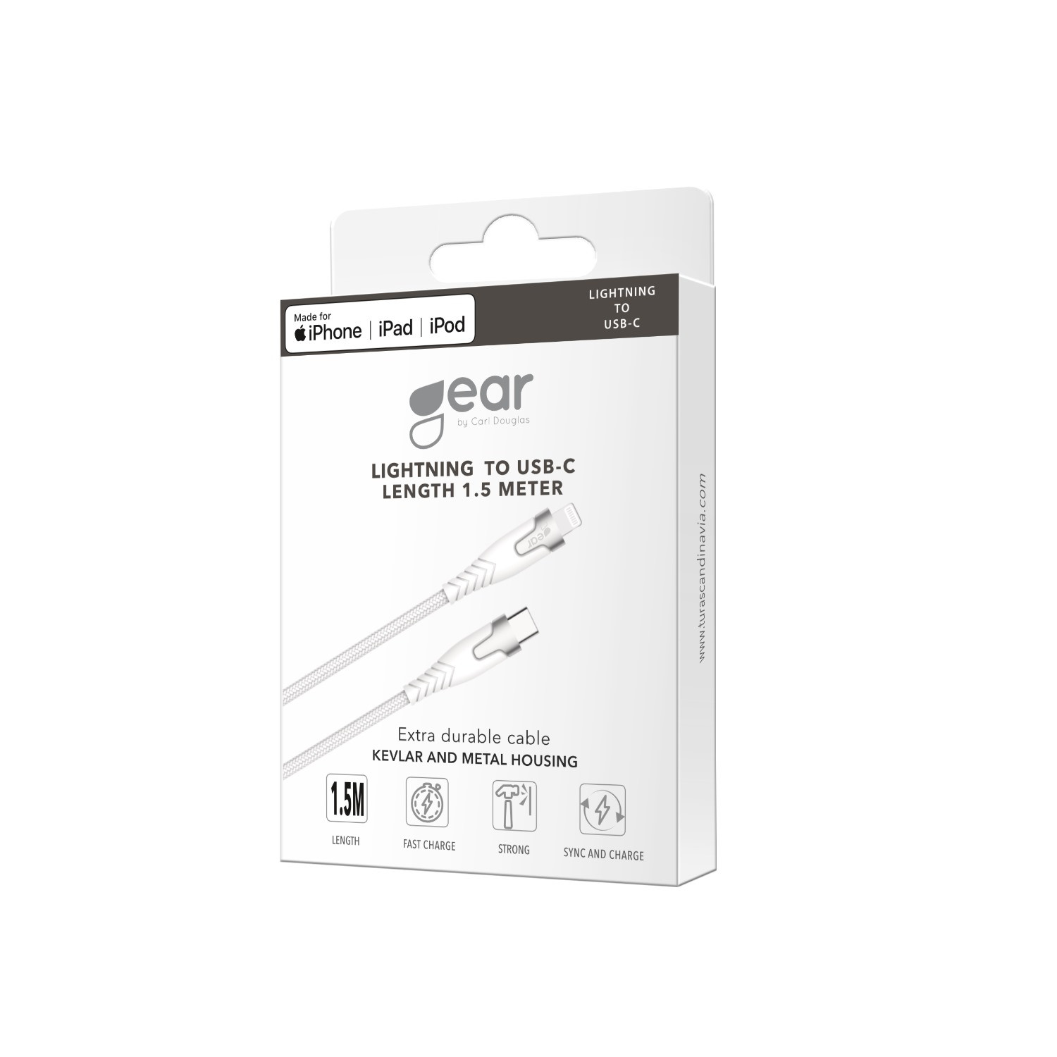 GEAR Kevlar cable PRO USB-C to Lightning 1.5m Kevlar cable with Metalhousing White