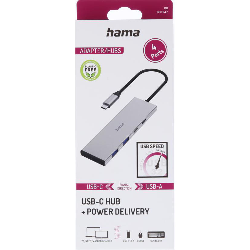 HAMA USB-C Hub USB 3.2 Gen2 2xUSB-C + 2xUSB-A 10 Gbit/s PD Alu