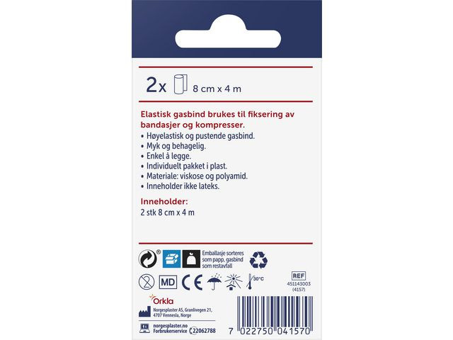 Gasbind Norgesplaster Elastisk 8Cmx4M (2 stk/pk, 10 pakker)