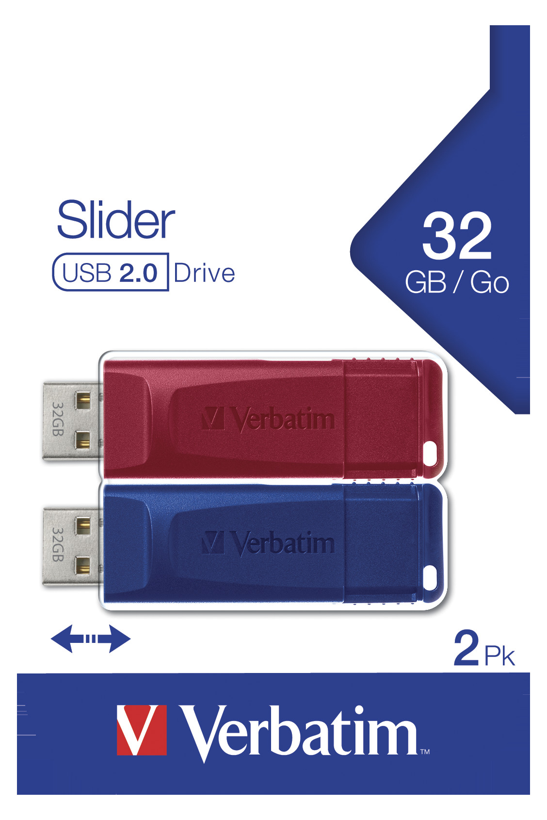 VERBATIM USB DRIVE 2.0 STORE ´N´ GO SLIDER 2 X 32GB (RED / B