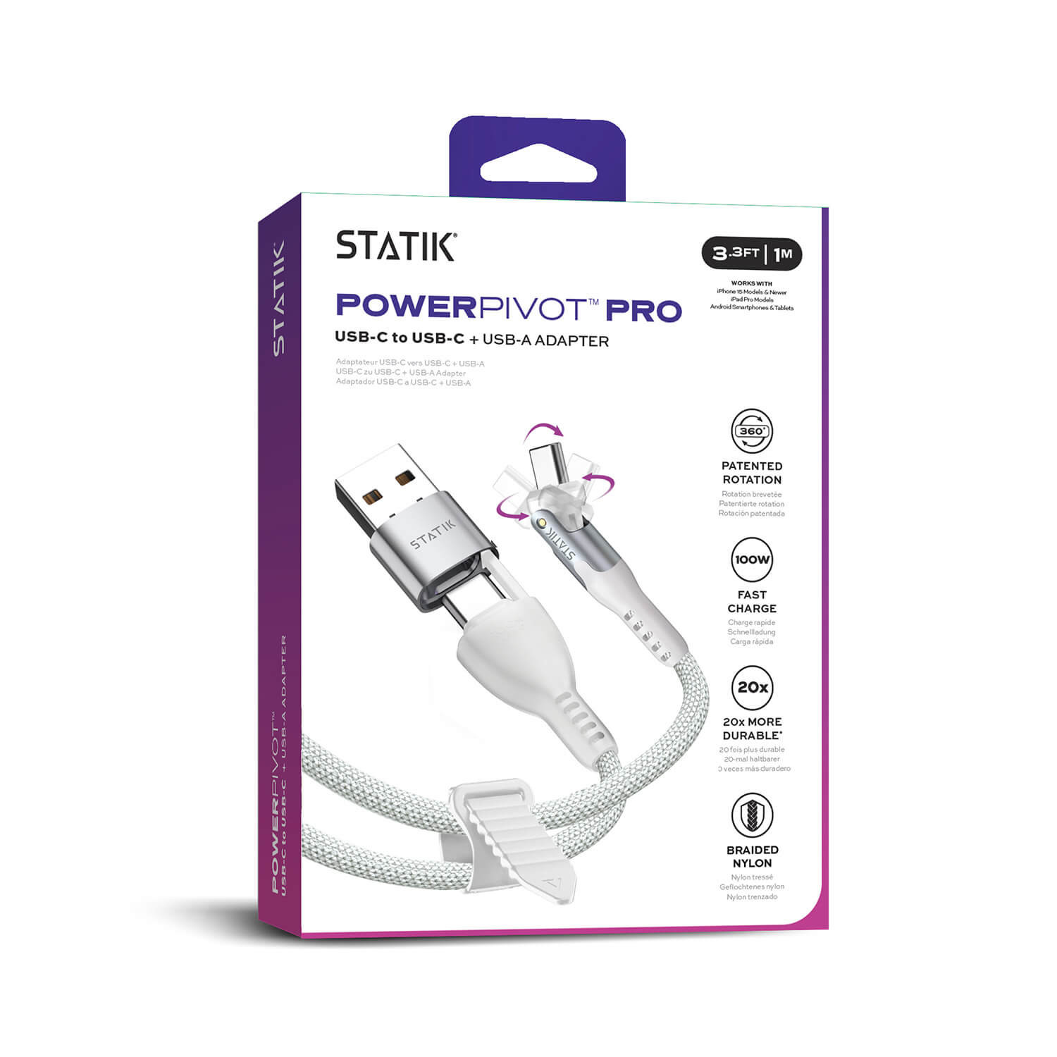 STATIK PowerPivot Pro Nylon Braided USB-C to USB-C, 1m White