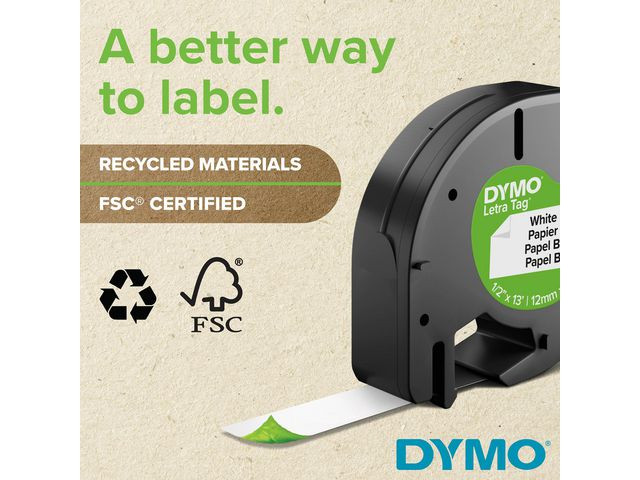 Dymo Teip LetraTag Plastikk 12mmx4m hvit