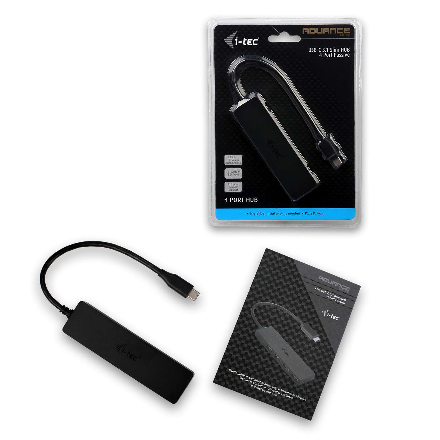 USB-C hub 4xUSB-A 3.0 black 20cm cable passive