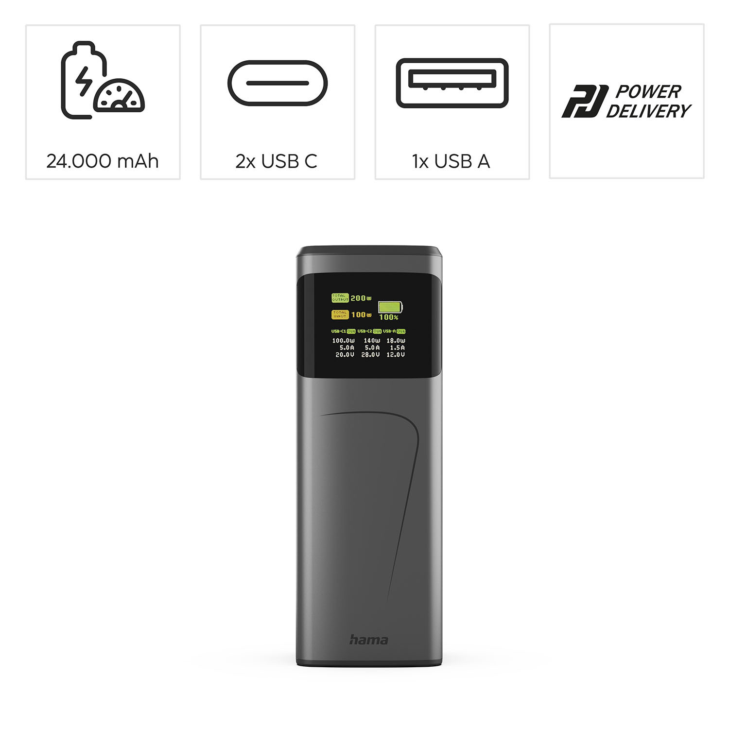 HAMA Power Pack 200W Fast Charge 24000mAh 2xUSB-C 1xUSB-A Black