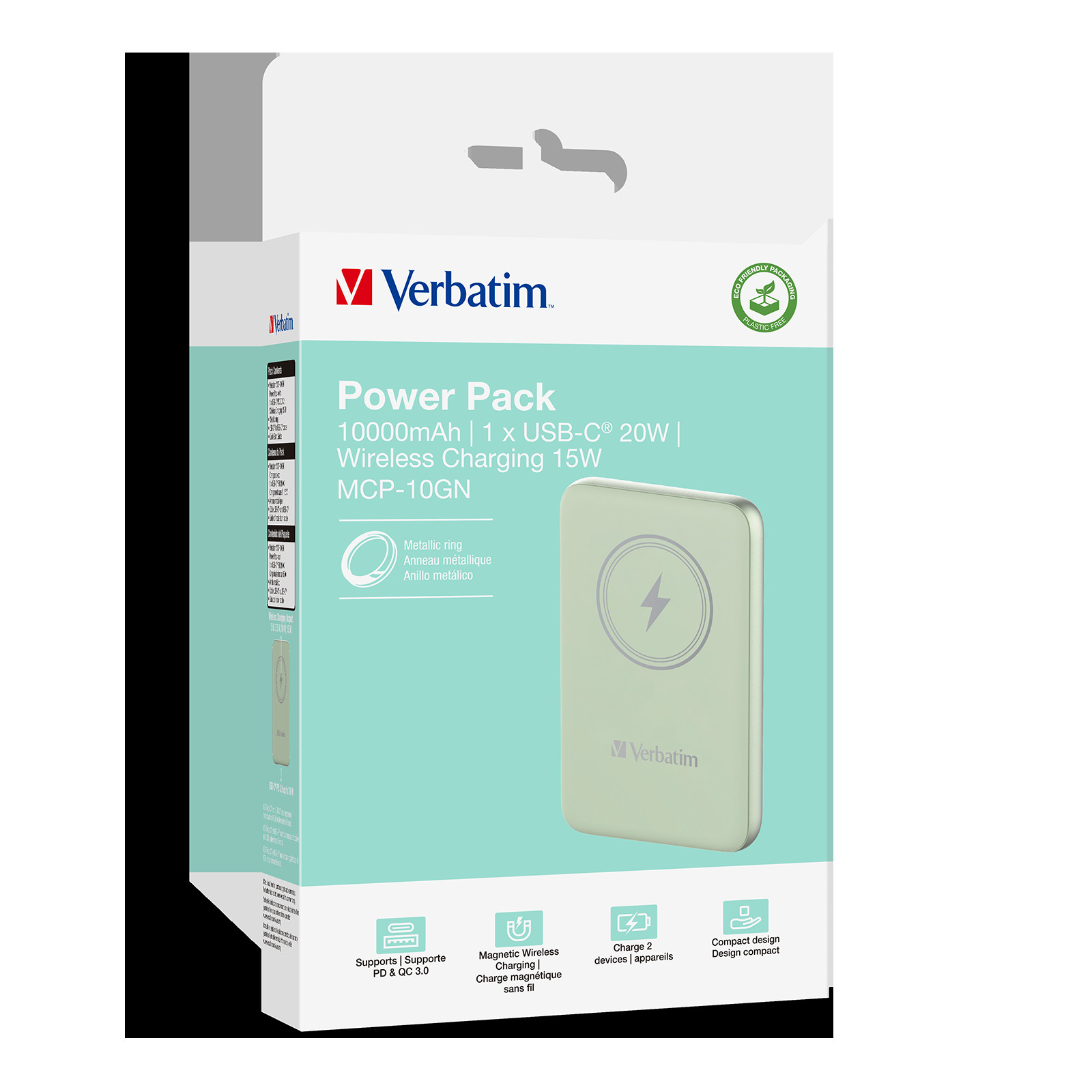 VERBATIM Power P 10000 mAh UBS-C PD 20W Trdls 15W Grnn