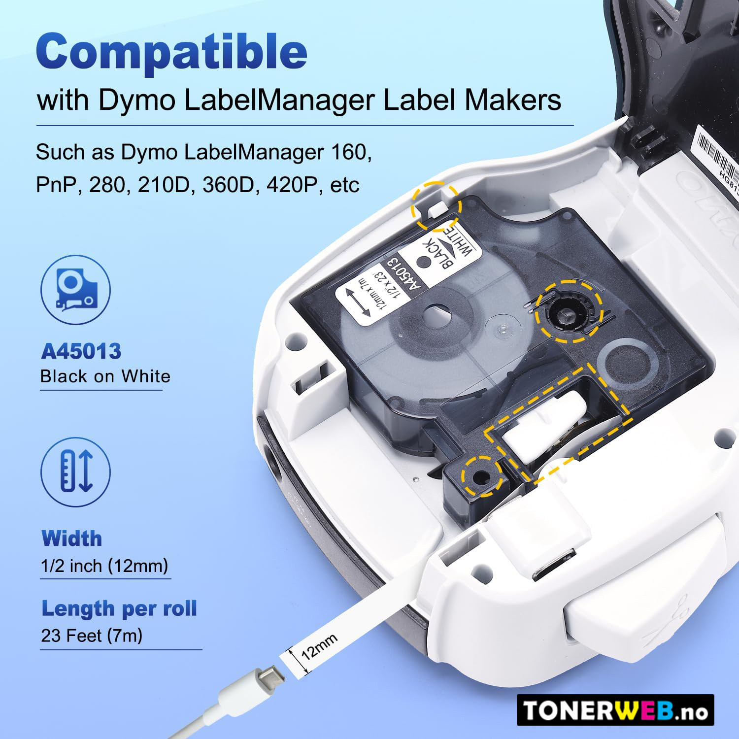 3 x DYMO Tape 45013  D1 Sort På Hvit 12mm X 7m  S0720530 - Erstatter 45013