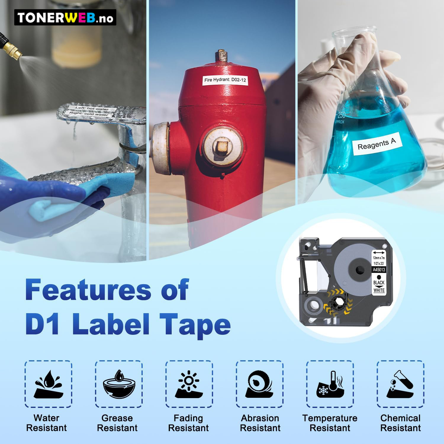 3 x DYMO Tape 45013  D1 Sort På Hvit 12mm X 7m  S0720530 - Erstatter 45013