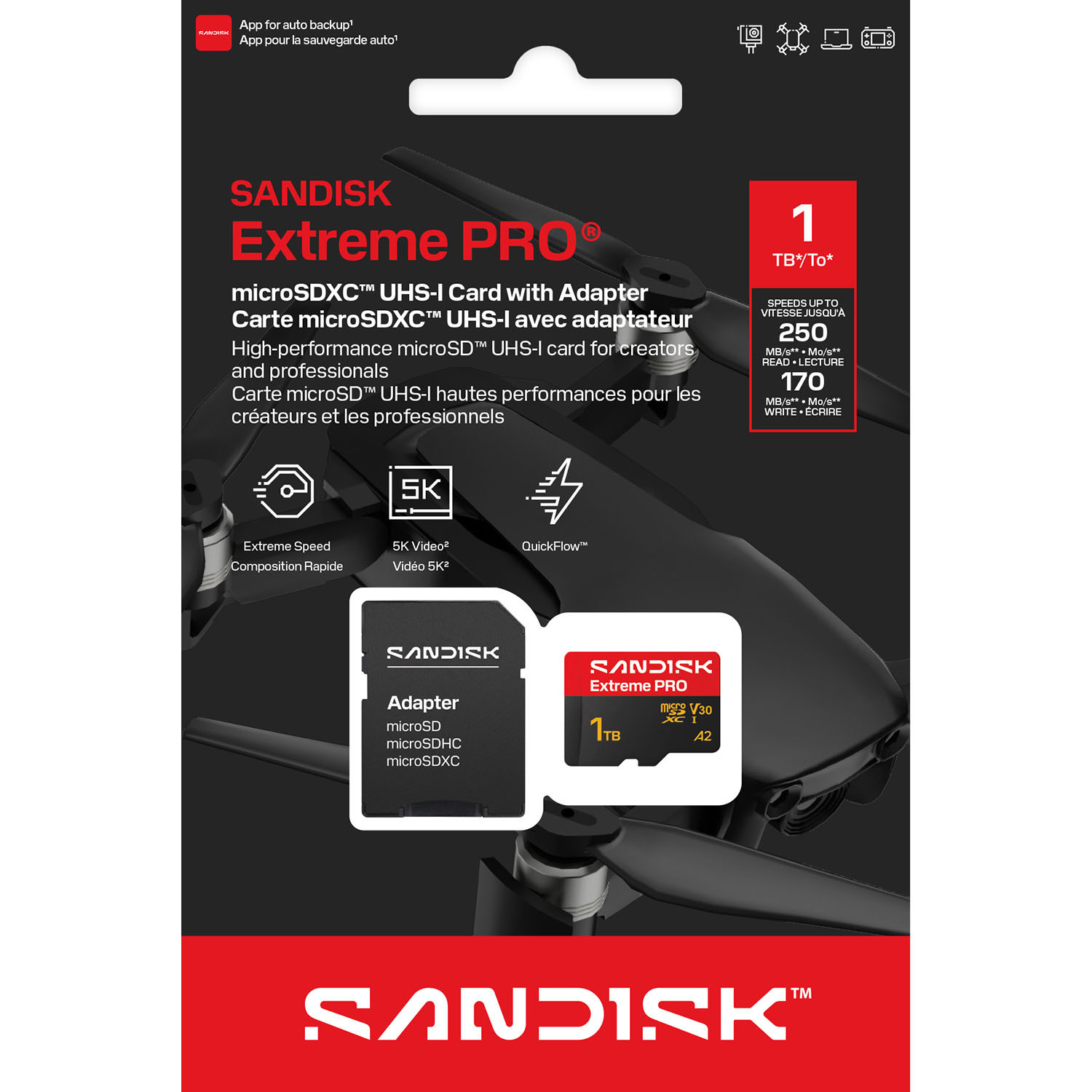 SANDISK MicroSD Extreme Pro 1TB 250/170MB/s C10 UHS U3 V30 A1 Adapter