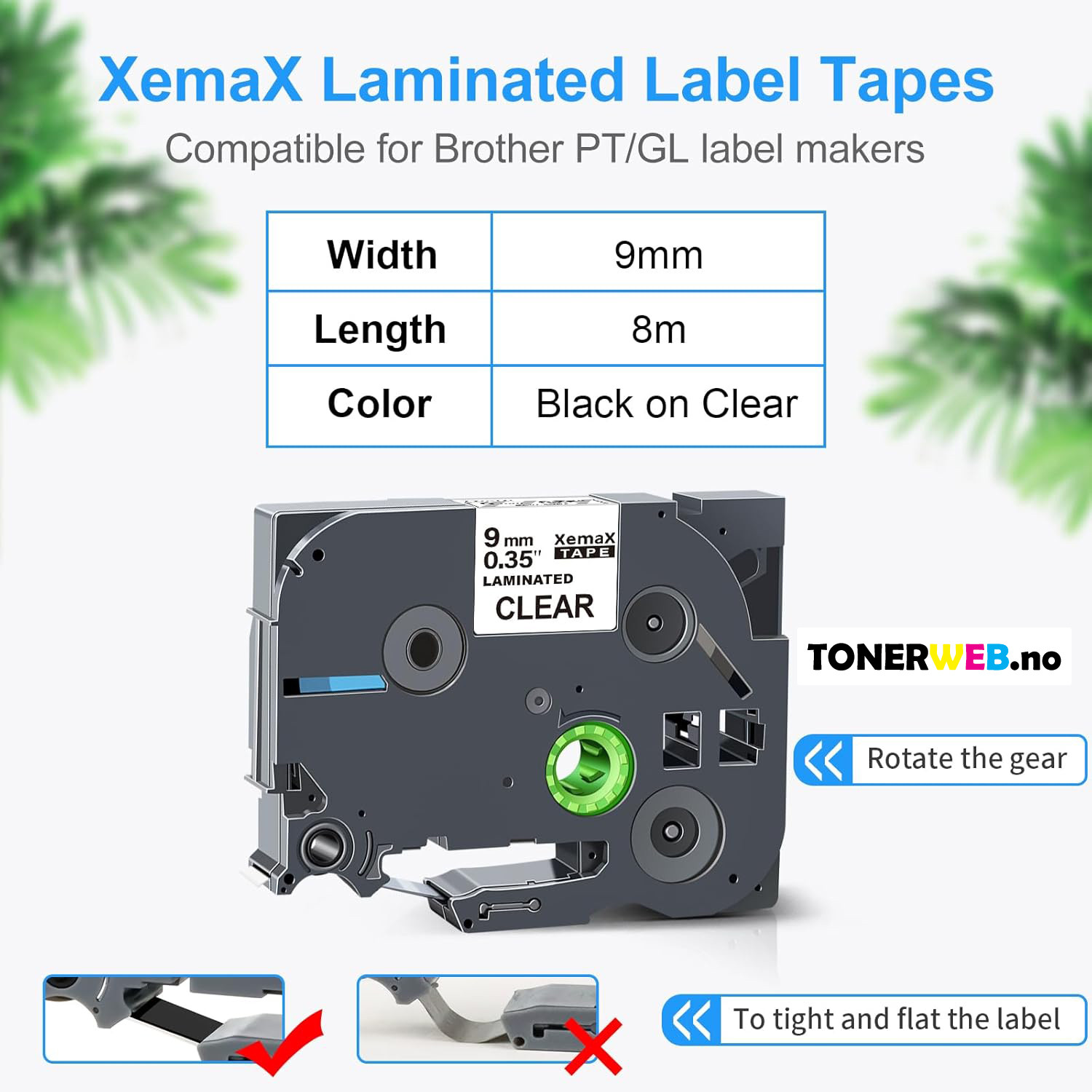 Brother Tape, erstatter Brother P-Touch TZ-121 Sort På Klar 9mm (8m)