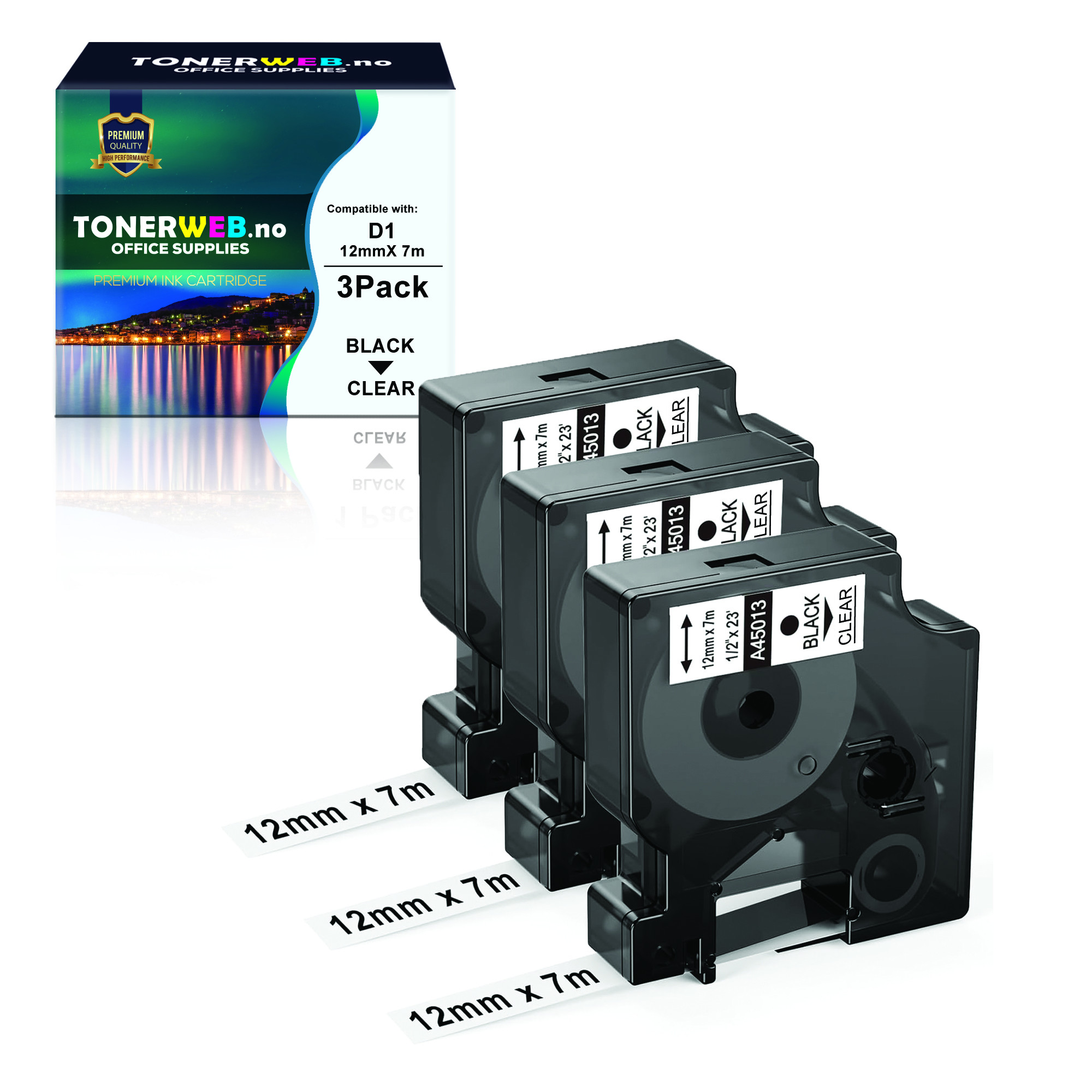 Bilde3 x DYMO Tape D1 12mm x 7m sort/klar S0720500 - Erstatter 45010