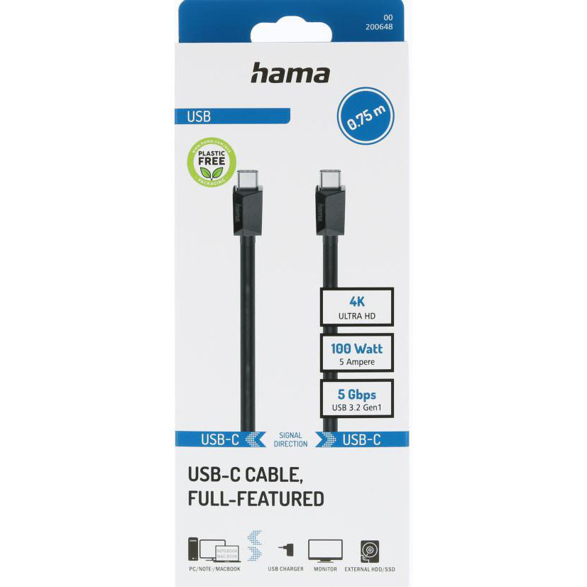 HAMA Cable USB C-C USB 3.2 Black 0.75m