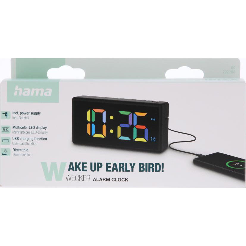 HAMA Digital Alarm Clock Ibiza Multi Colour Display Black