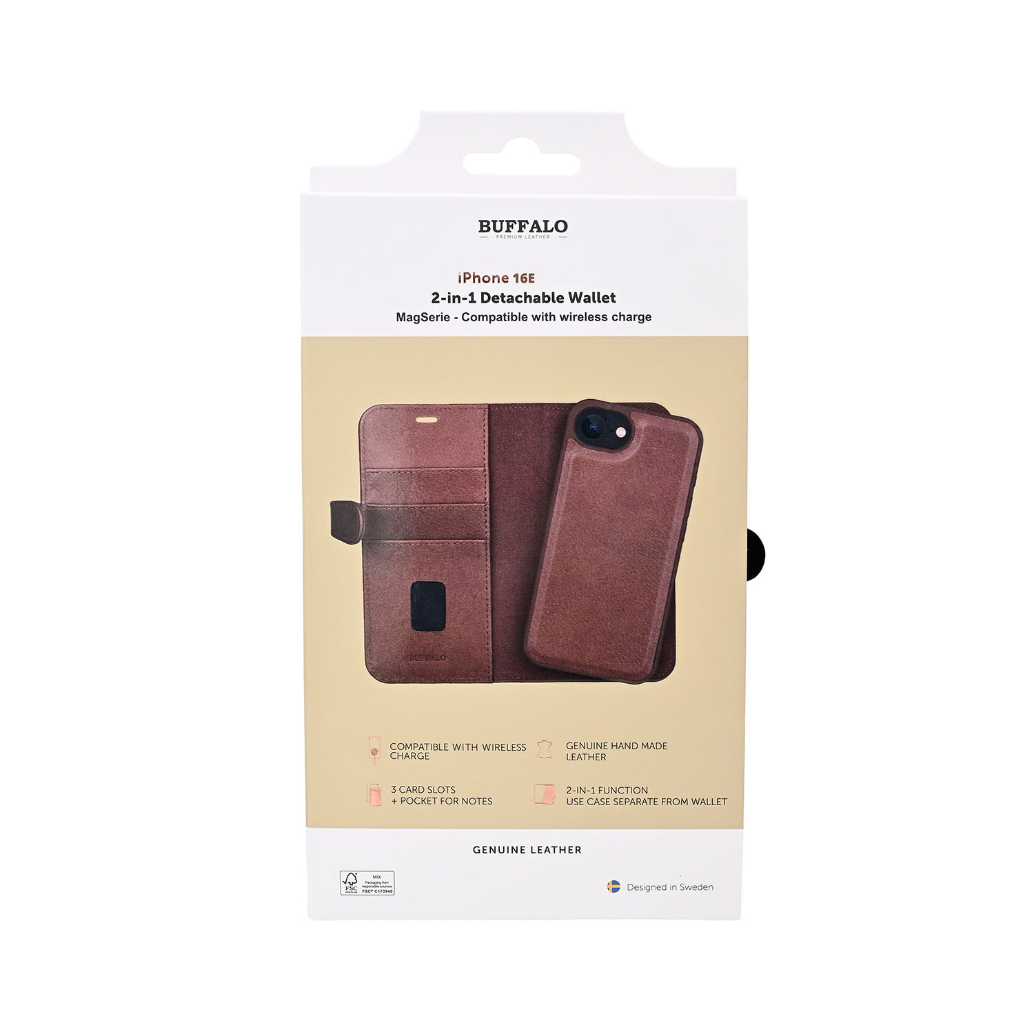 BUFFALO 2in1 Leather 3 card iPhone 16e/17e Brown