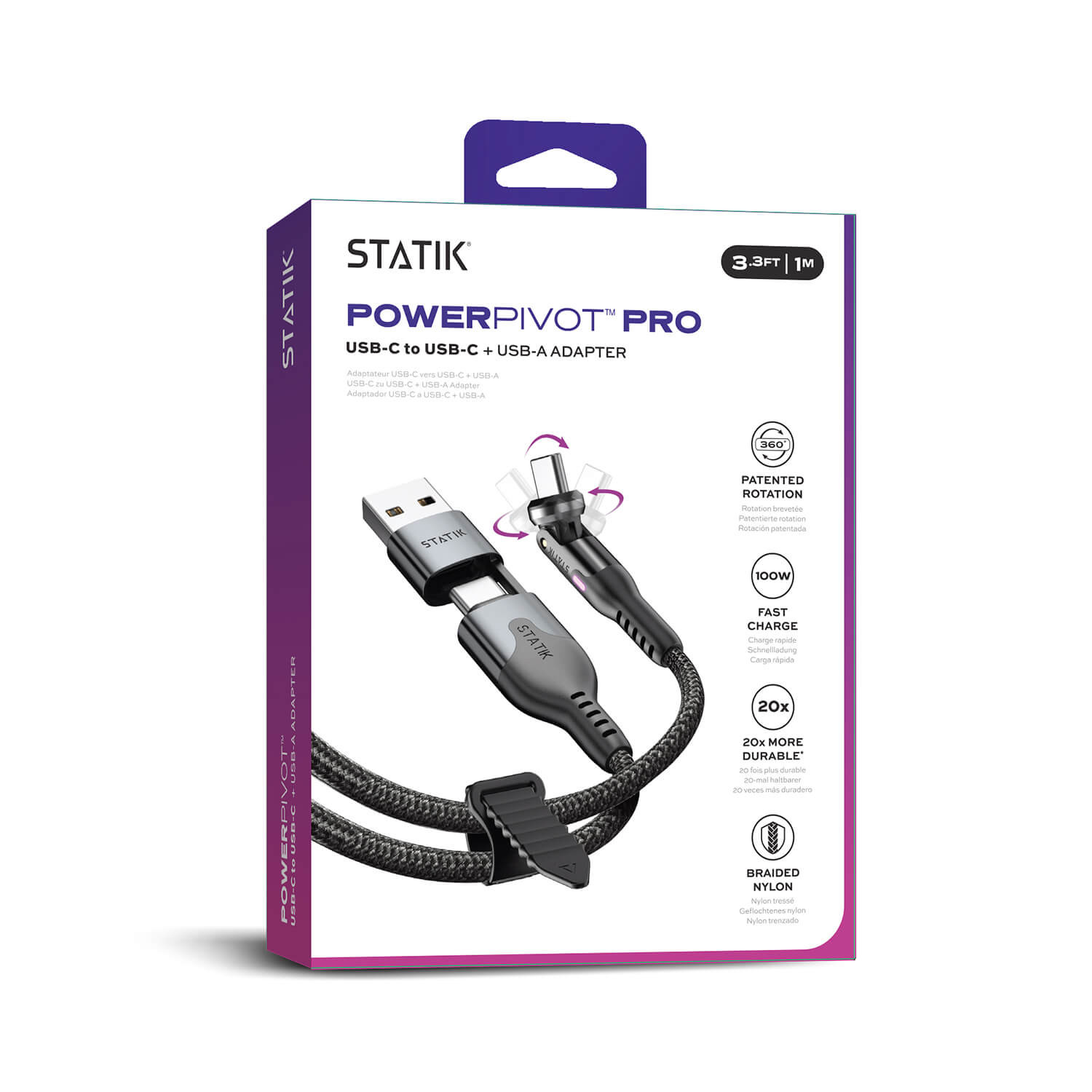 STATIK PowerPivot Pro Nylon Braided USB-C to USB-C, 1m Black