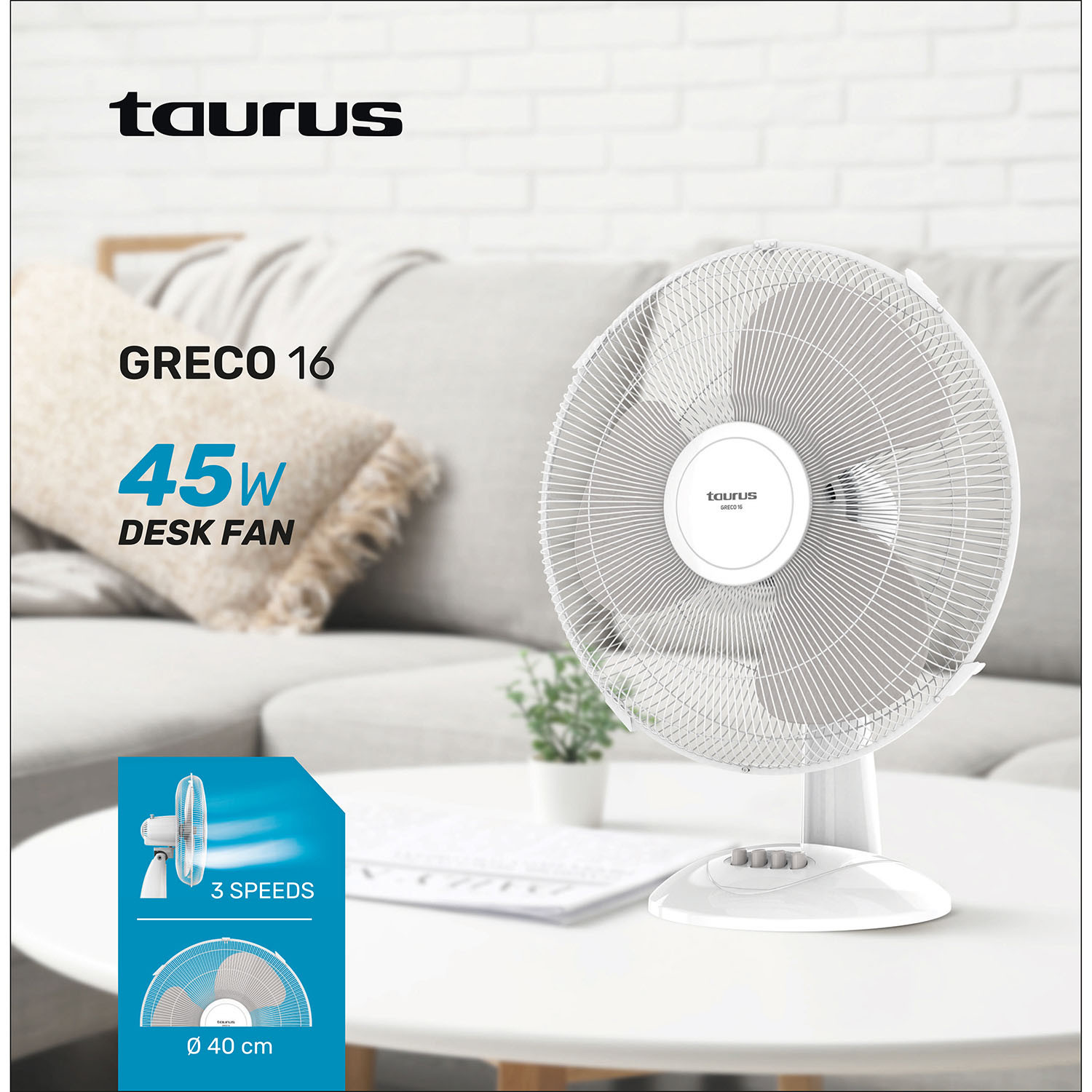 TAURUS Desk Fan 40cm Greco 16 White
