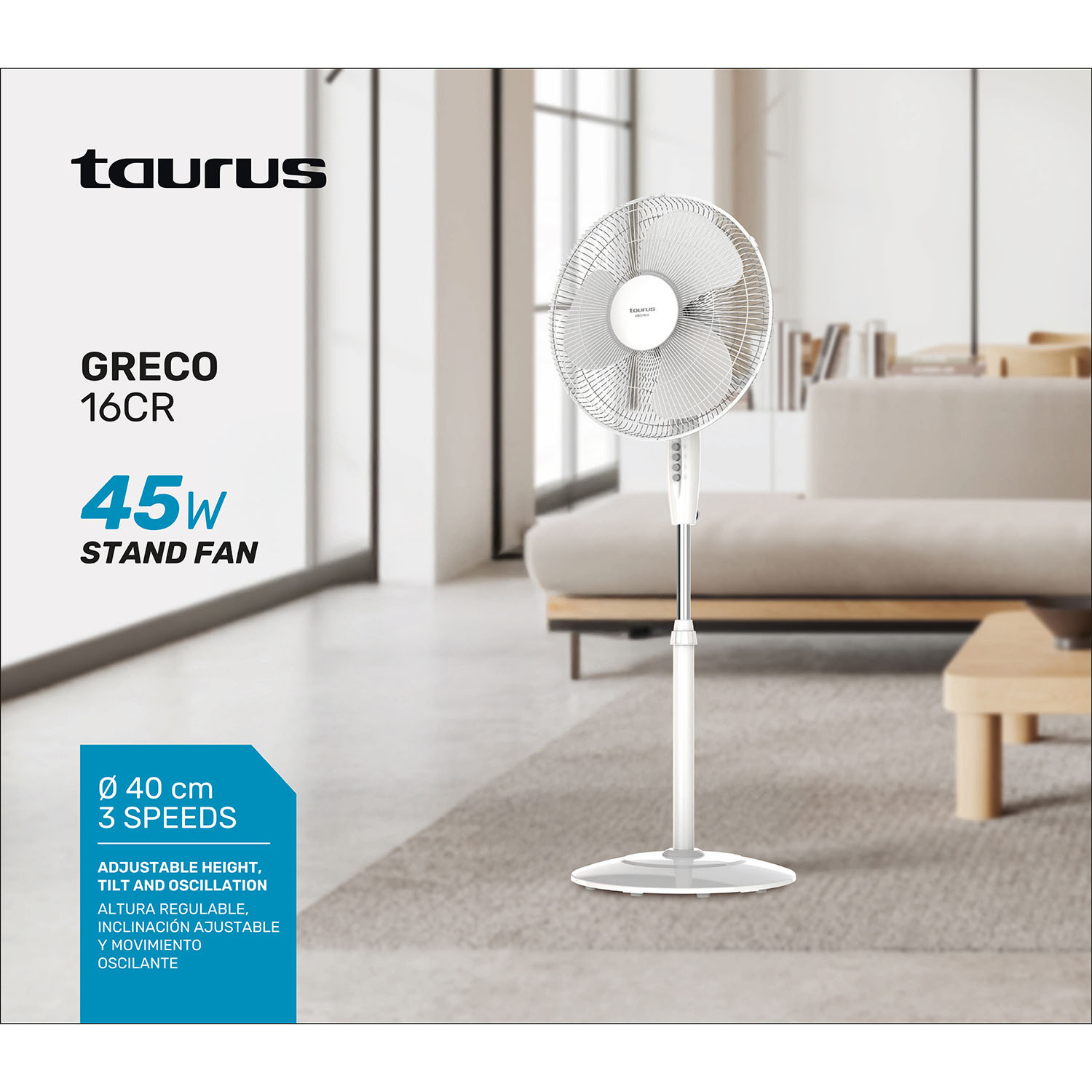TAURUS Fan 40cm Pedistal Greco 16 CR White