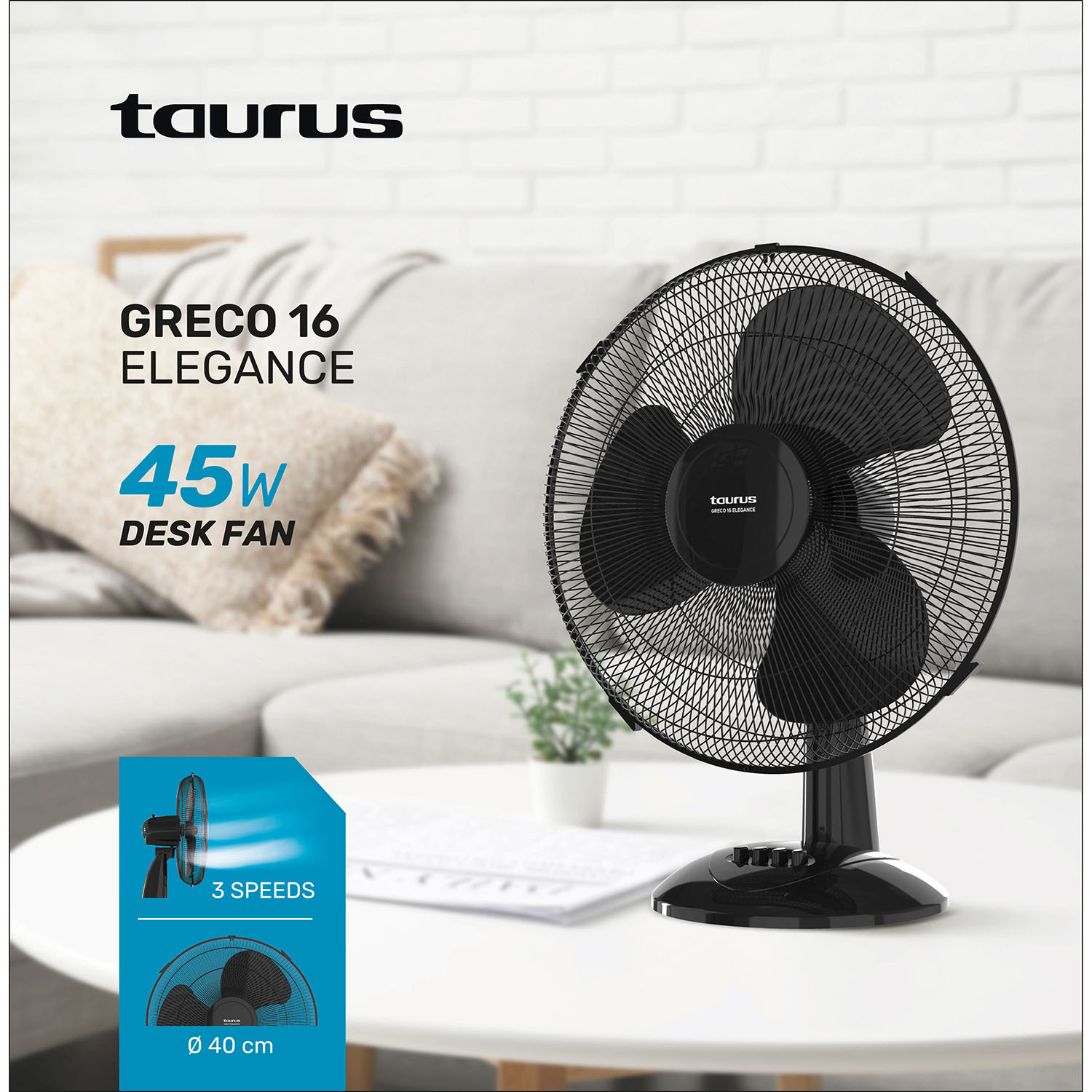 TAURUS Desk Fan 40cm Greco 16 Elegance Black