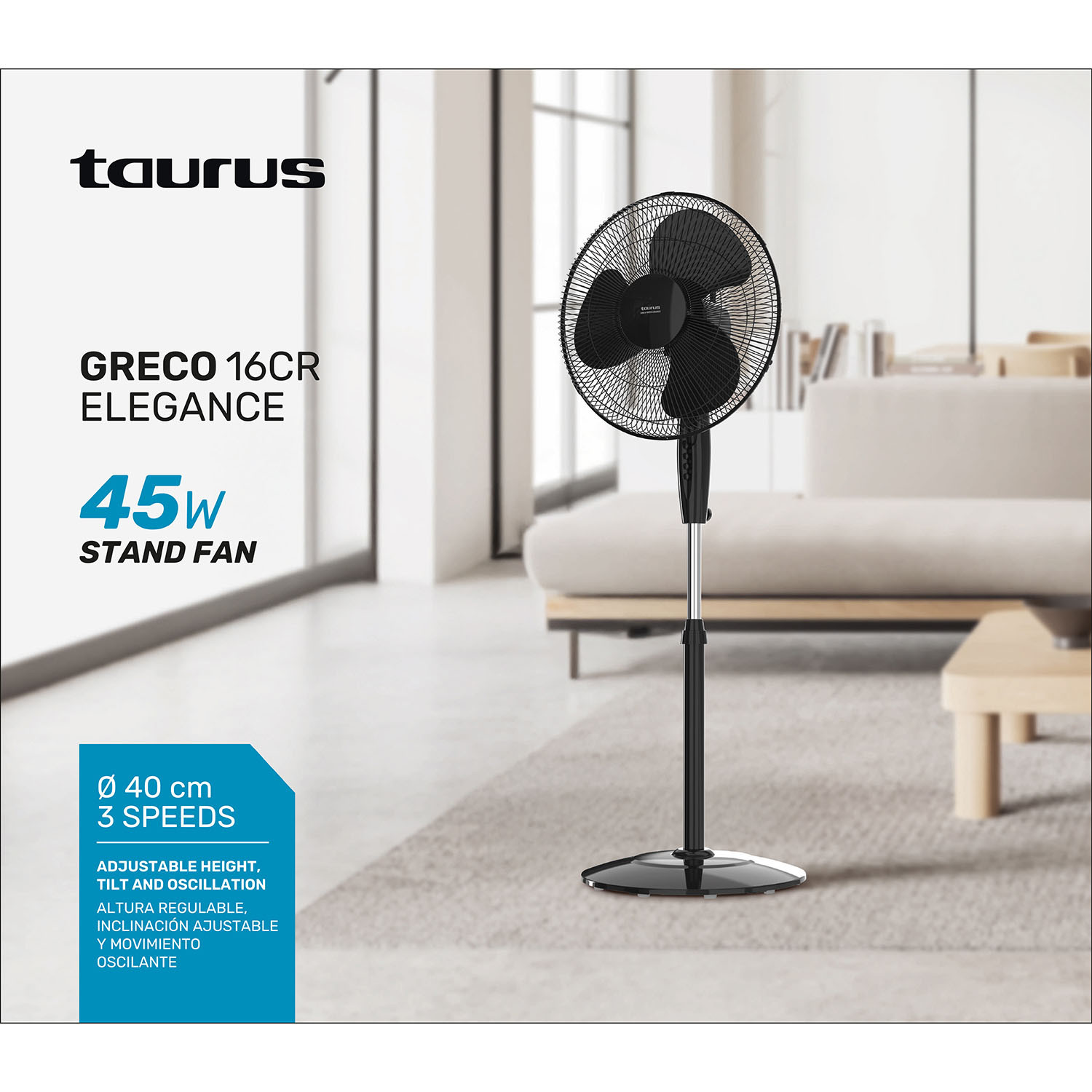 TAURUS Fan 40cm Pedistal Greco 16 CR Elegance Black