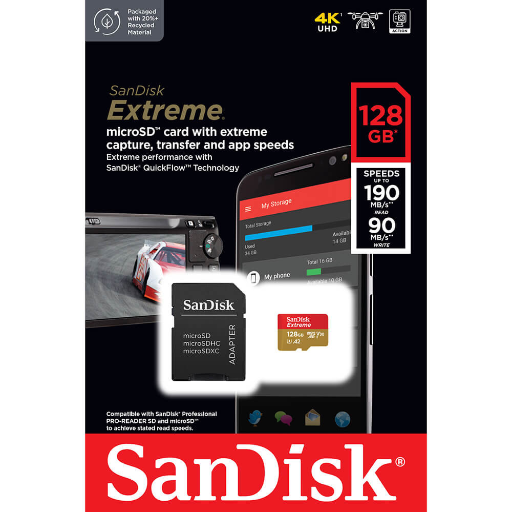 SANDISK MicroSDXC Extreme 128GB Adapter 190MB/s A2 C10 V30