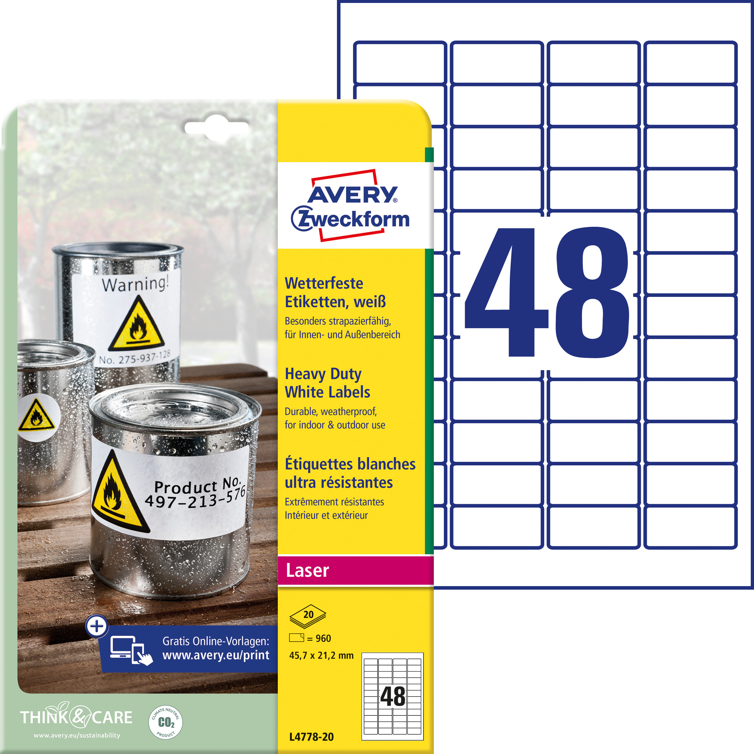 Etikett Avery Polyester 45,7X21,2Mm (960 stk)