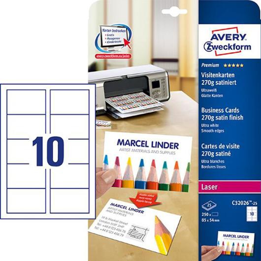 Visittkort Avery 85X54Mm Matt Hvit (250 stk)