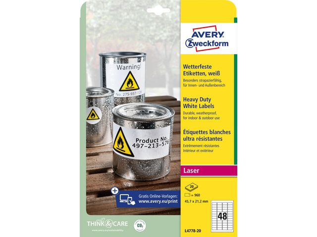Etikett Avery Polyester 45,7X21,2Mm (960 stk)
