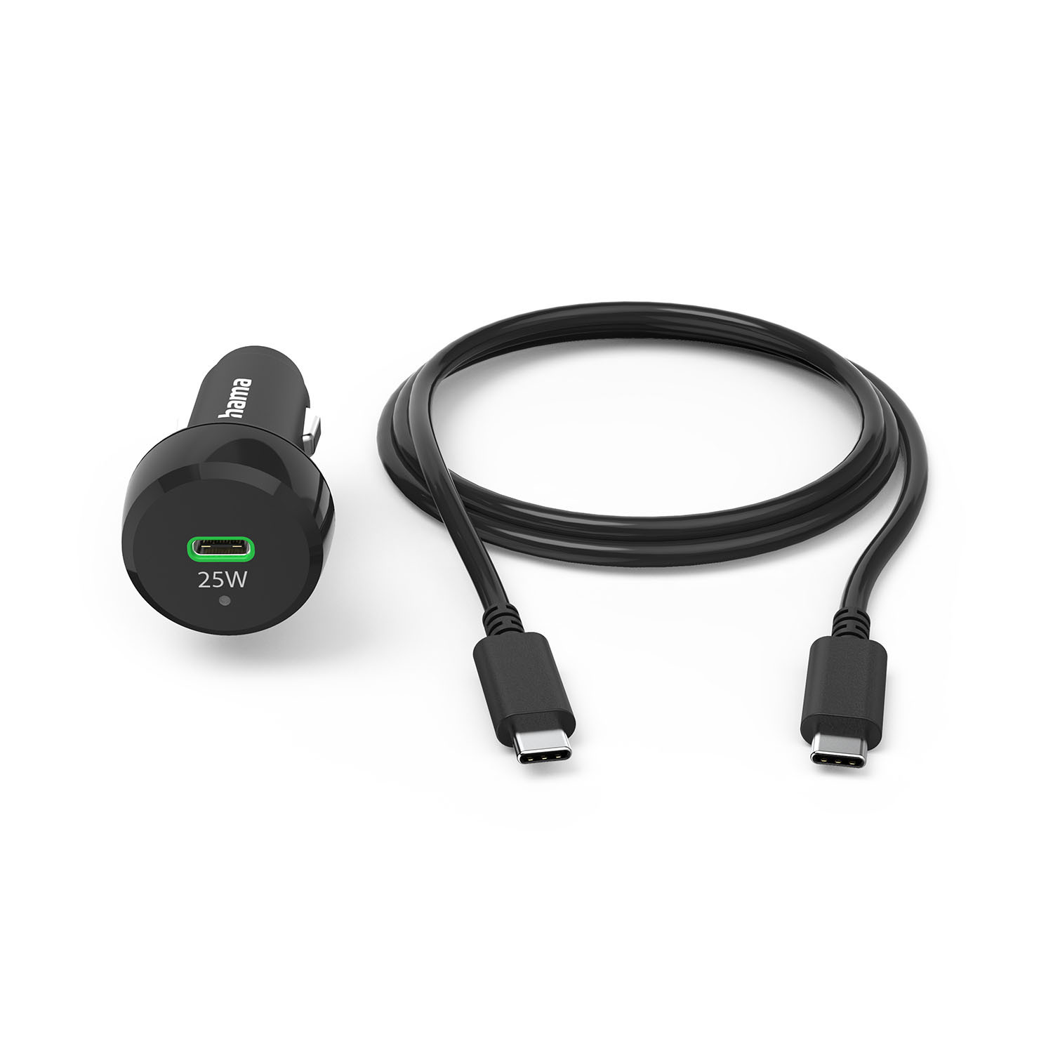 HAMA Car Charger 12-24V w. C to C cable PD 25W 1xUSB-C  Cable 1m Black