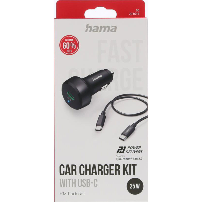 HAMA Car Charger 12-24V w. C to C cable PD 25W 1xUSB-C  Cable 1m Black