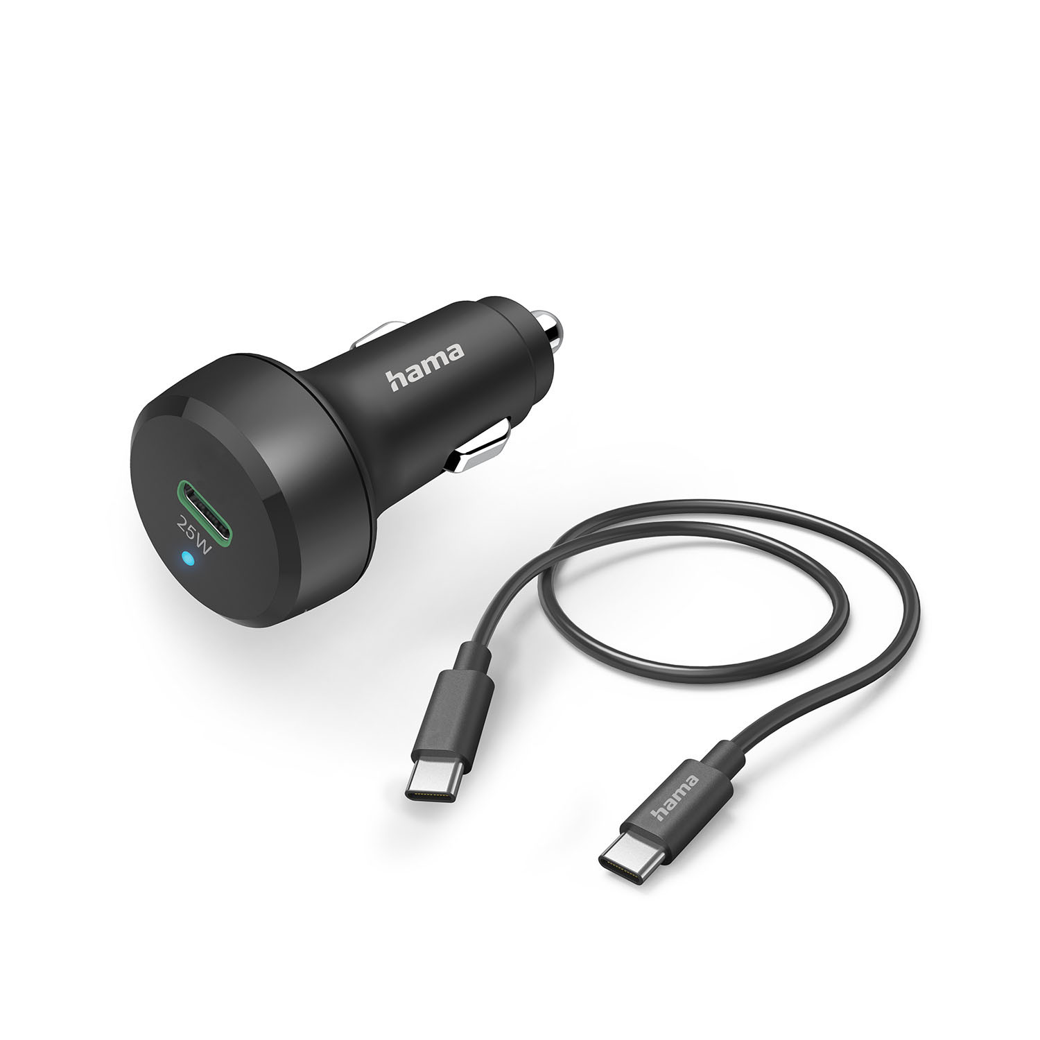 HAMA Car Charger 12-24V w. C to C cable PD 25W 1xUSB-C  Cable 1m Black