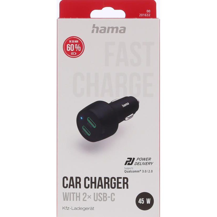 HAMA Car Charger12-24V 2xUSB-C PD 45W Black