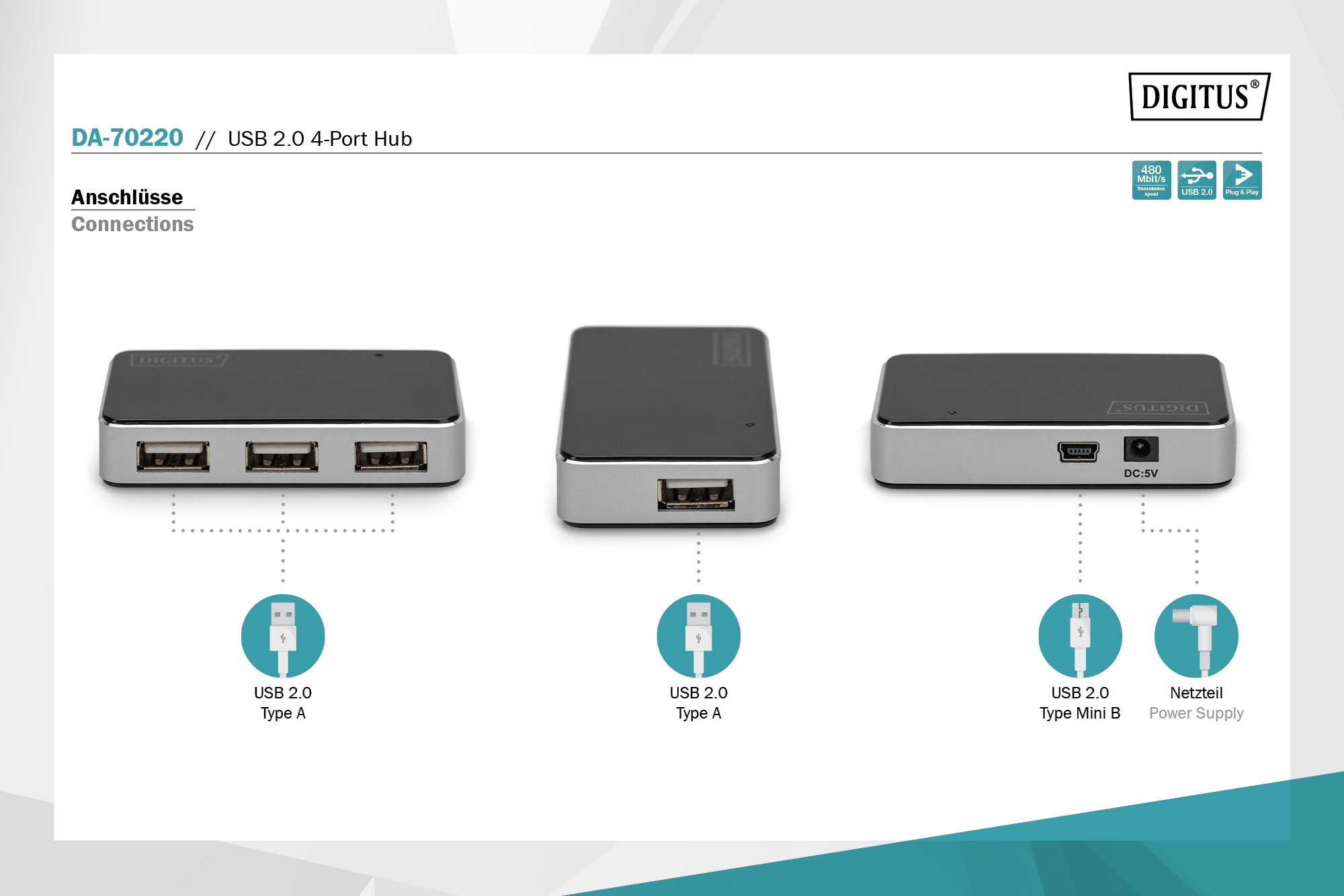 DIGITUS USB 2.0 hub 4-port with Mini-B input, Black