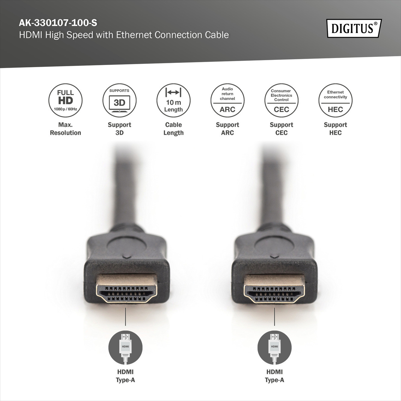 BildeDIGITUS HDMI HS cable, Type A M/M, 10.0m, FHD, 1080P 60Hz